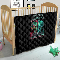 Black quilted crib blanket with colorful twin skull graphic