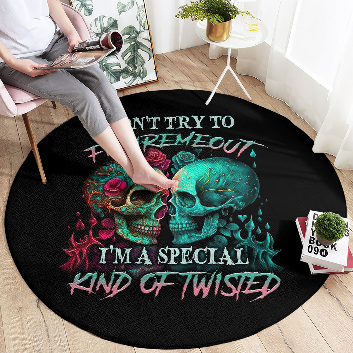 Black round skull graphic rug with colorful flames and text, “I’m a special kind of twisted”