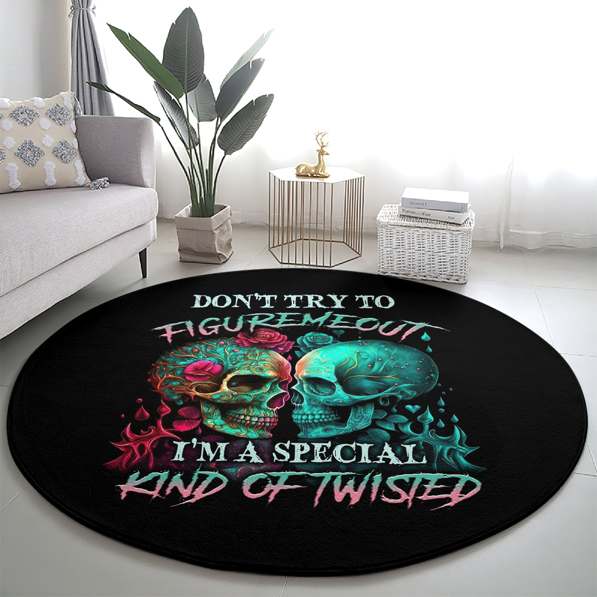 Black round skull graphic rug with teal and red skulls and “I’m a special kind of twisted”