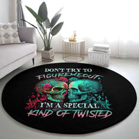 Black round skull graphic rug with teal and red skulls and “I’m a special kind of twisted”