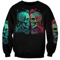 Black unisex sweatshirt with teal and pink twin skulls, roses, and dripping flames