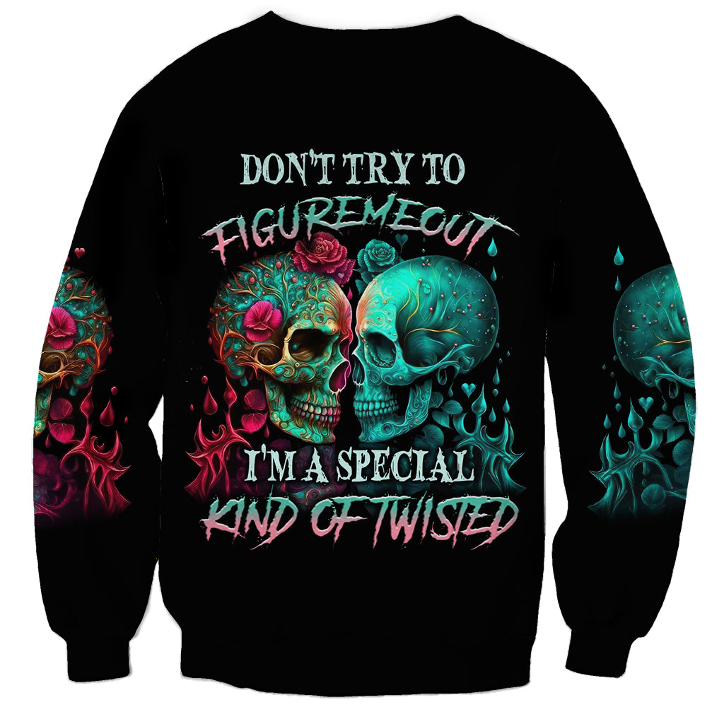Black unisex sweatshirt with colorful skull-and-rose graphic and bold front text