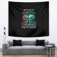 Black skull tapestry with multicolor lettering and two skull faces graphic.