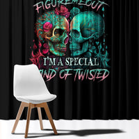 Black window curtain with colorful twin skull graphic and stylized text print