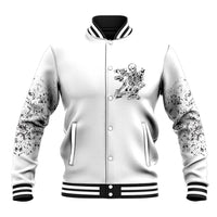 Black-and-white hooded baseball jacket with button front and small chest graphic
