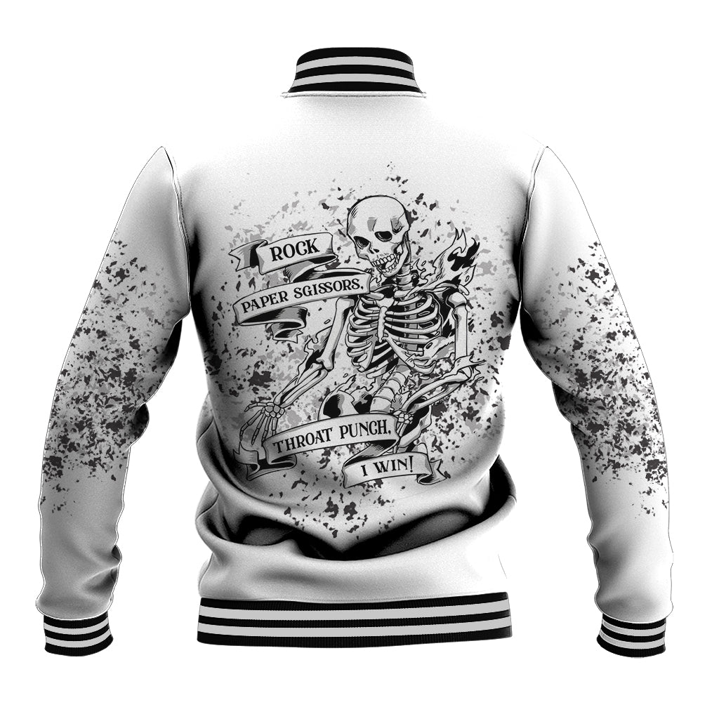 Black-and-white baseball jacket with ribbed collar and back skeleton graphic