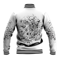 Black-and-white baseball jacket with ribbed collar and back skeleton graphic