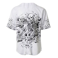 White baseball jersey with black splatter skeleton graphic on back