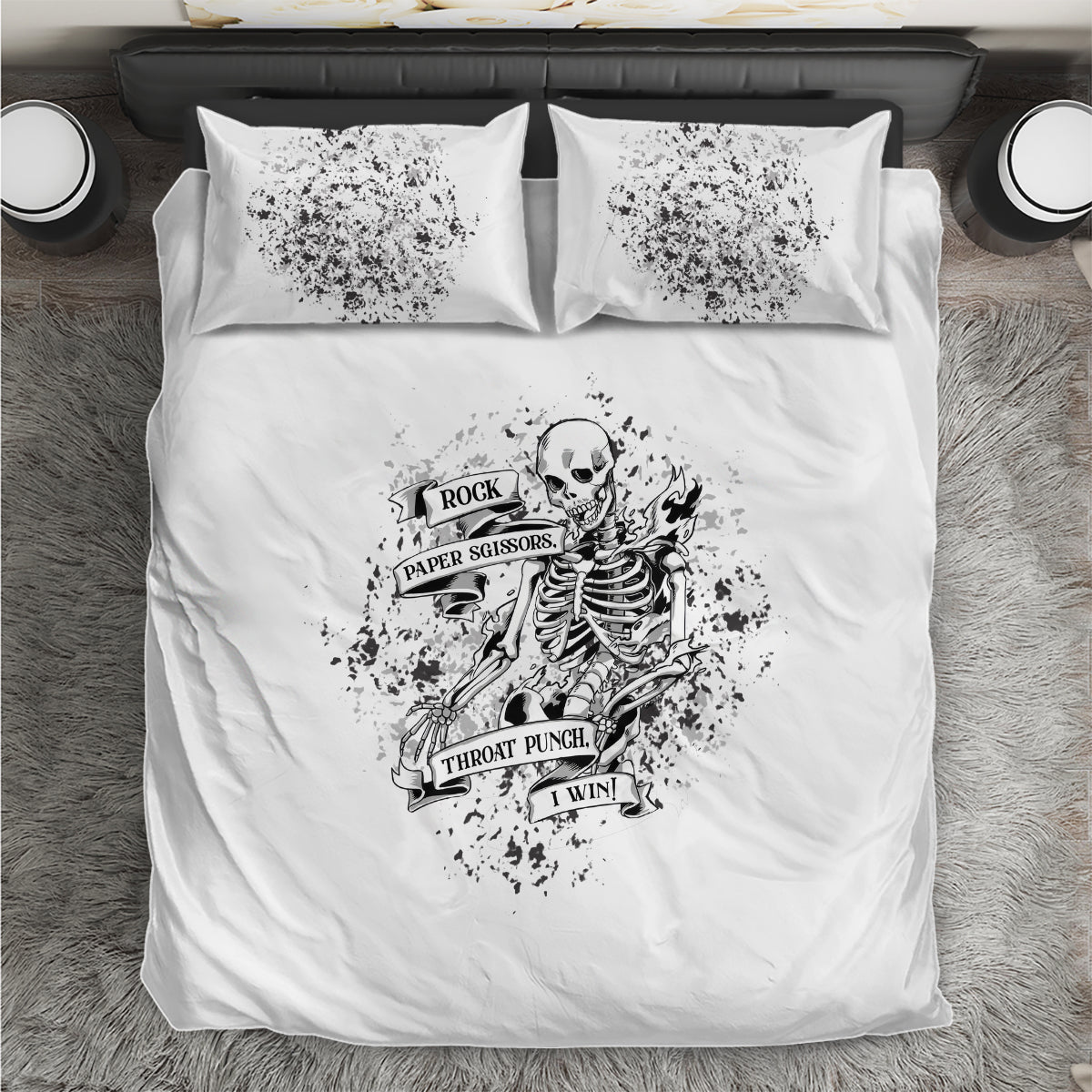 Skeleton graphic duvet and two pillow shams, black-and-white bedding set