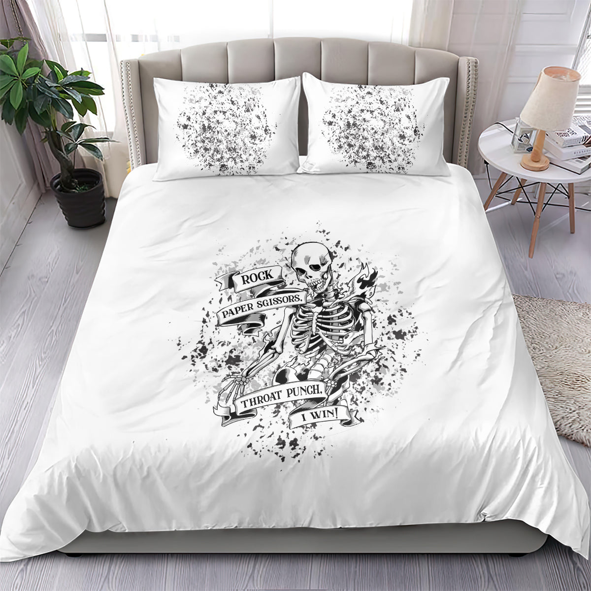 Skeleton graphic bedding set with duvet cover and two matching pillow shams, black-and-white