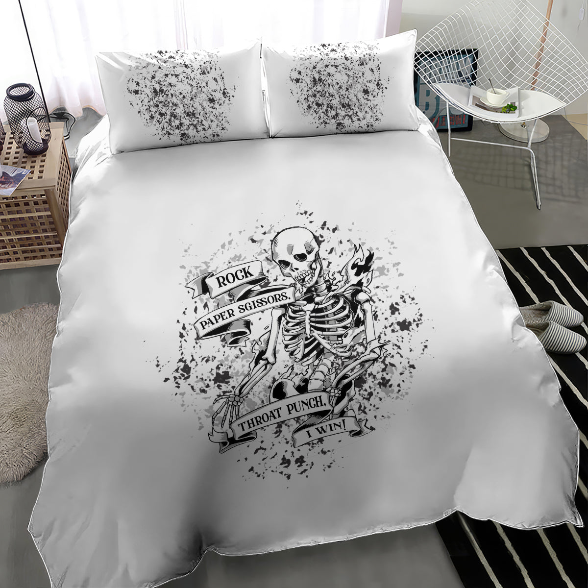 Skeleton graphic bedding set: duvet cover with two pillow shams, black-and-white
