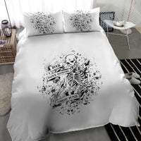 Skeleton graphic bedding set: duvet cover with two pillow shams, black-and-white