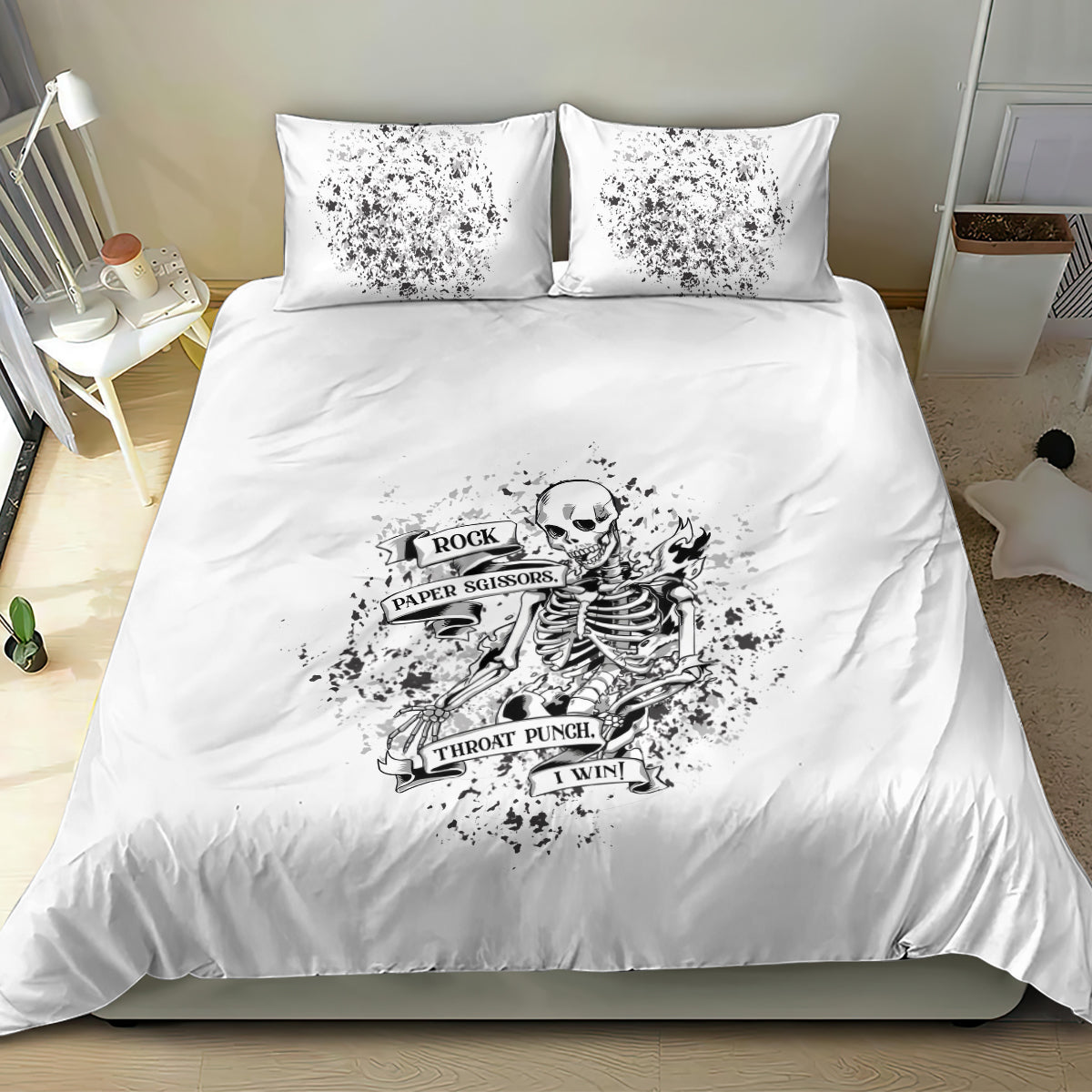 Skeleton graphic bedding set with duvet cover and two pillow shams, white with black print