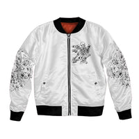 White zip-front bomber jacket with black rib trim, chest skeleton logo, side pockets