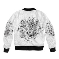 White bomber jacket with black rib trim and skeleton graphic on back