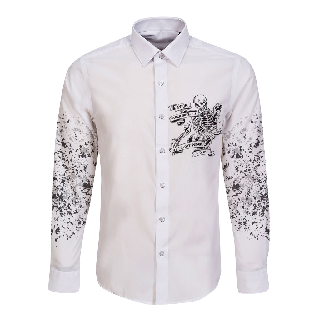 Long sleeve button shirt, white with black skeleton graphic on front and speckled sleeves