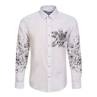 Long sleeve button shirt, white with black skeleton graphic on front and speckled sleeves