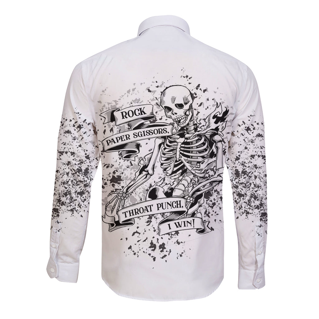 Long sleeve button shirt, white with black skeleton graphic on back, splatter sleeves