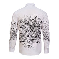 Long sleeve button shirt, white with black skeleton graphic on back, splatter sleeves
