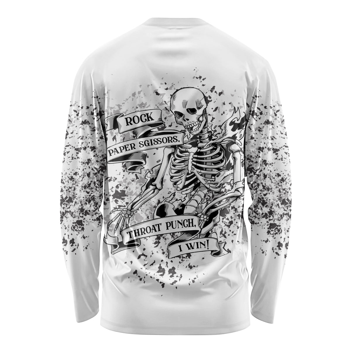 Unisex long sleeve shirt, white with black splatter and skeleton graphic on back.