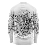 Unisex long sleeve shirt, white with black splatter and skeleton graphic on back.
