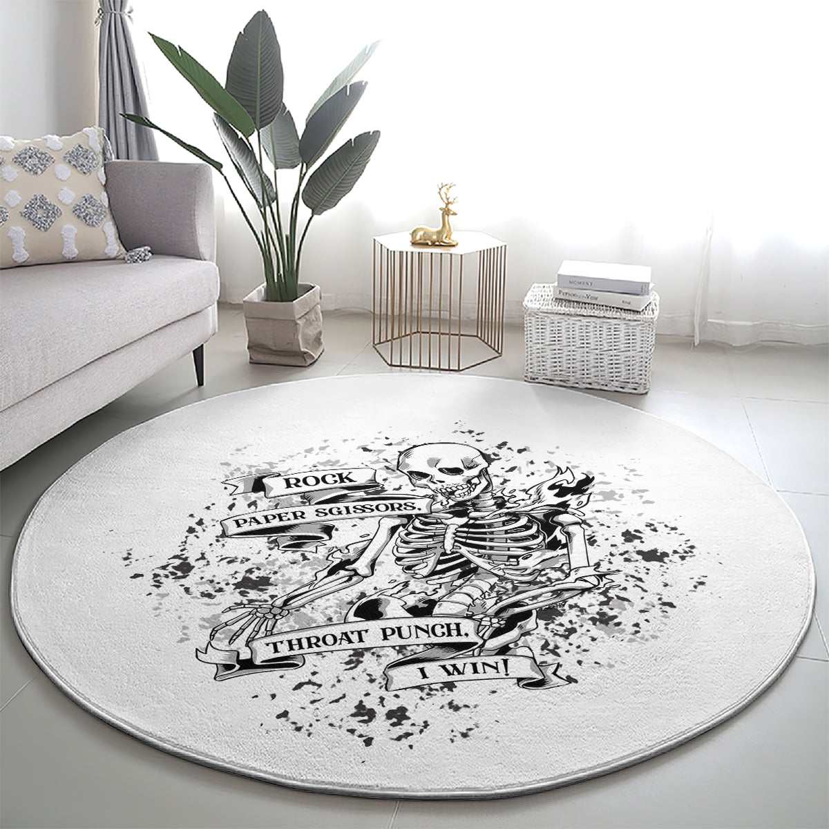 Round game rug with light gray background and black skeleton Rock Paper Scissors scene
