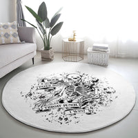 Round game rug with light gray background and black skeleton Rock Paper Scissors scene