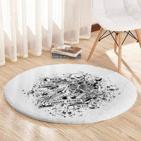 Round game rug, light gray with black skeleton Rock Paper Scissors print
