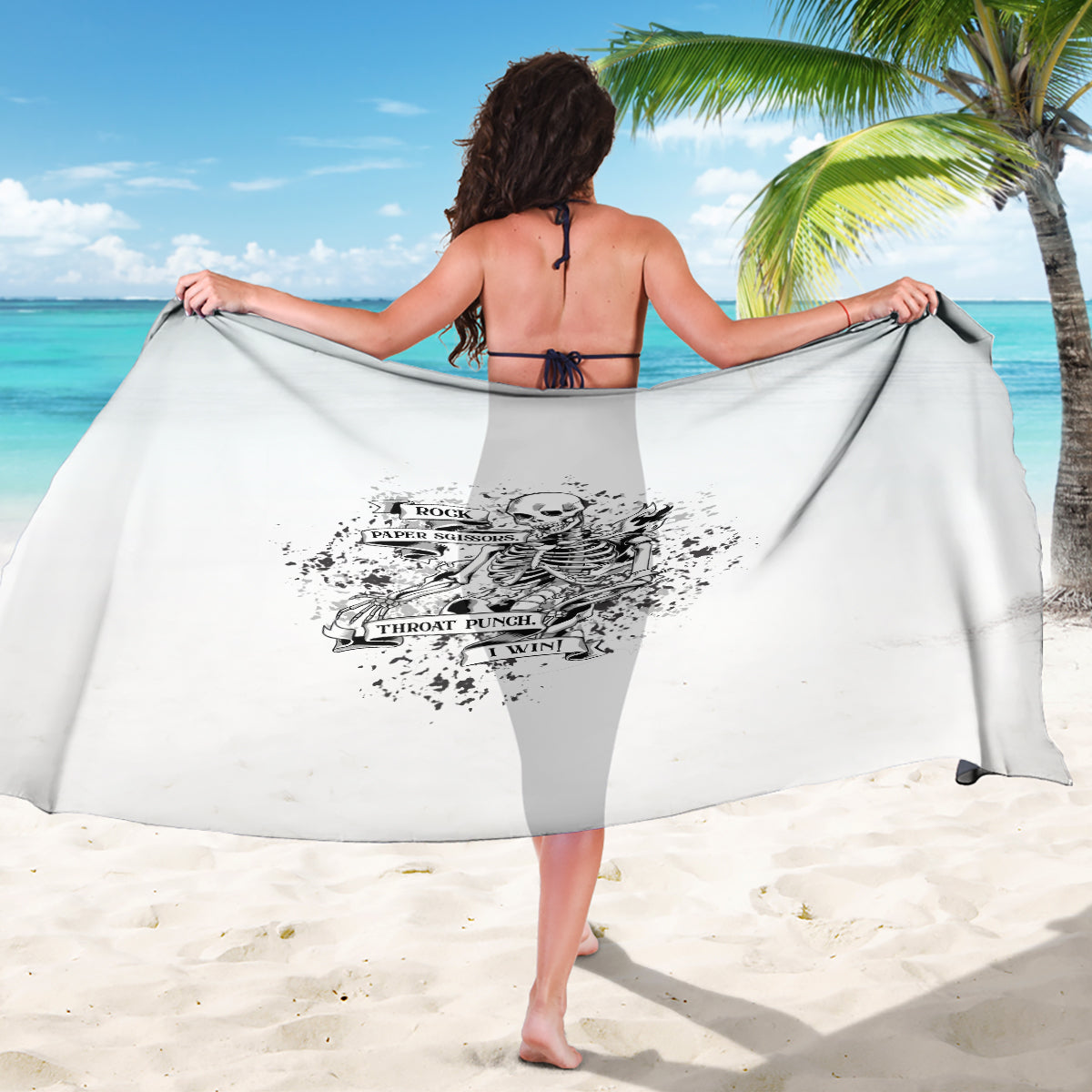 White sarong with black skull graphic and circular text print