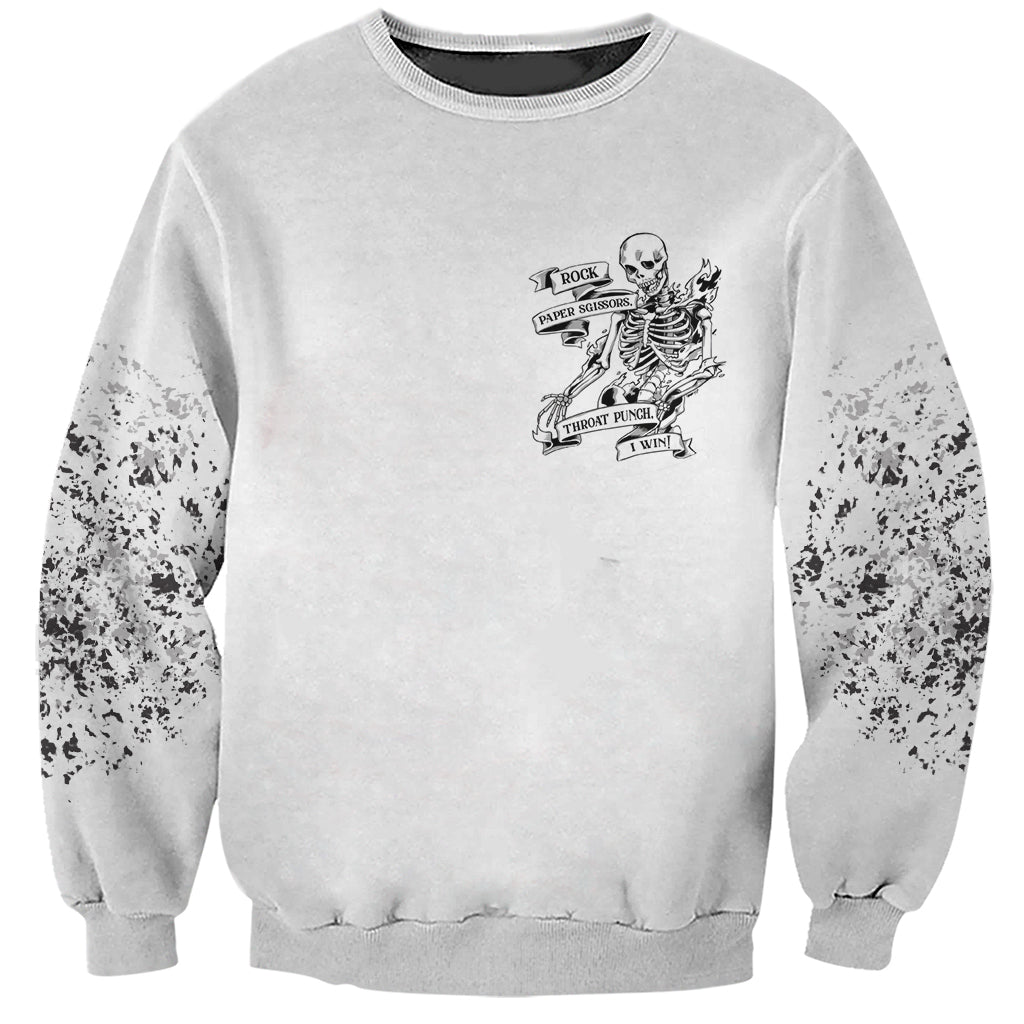 Unisex crewneck sweatshirt with small skeleton skull game graphic on front, long sleeves