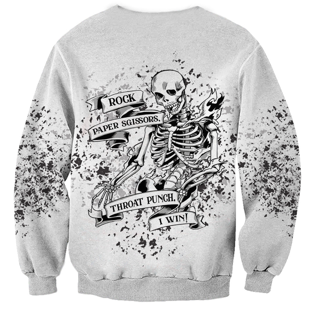 Unisex crewneck sweatshirt with large skeleton skull graphic and 'I win' text on back