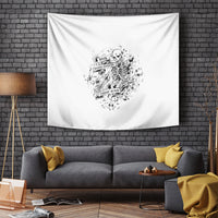 Black and white tapestry with skeleton skull rock-paper-scissors emblem, wall-hung.