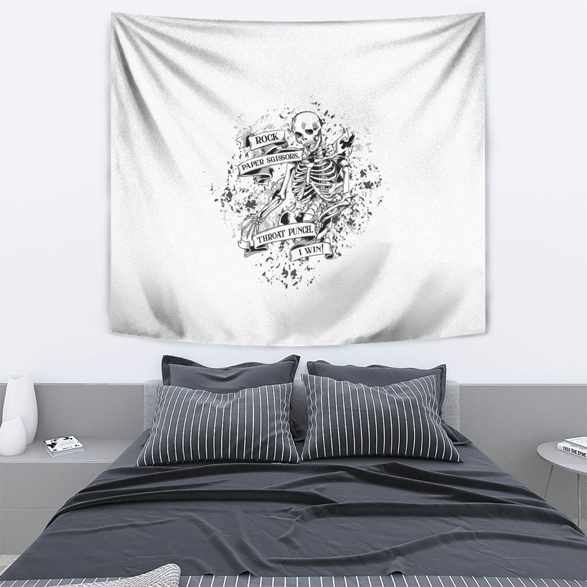 Black and white rock-paper-scissors skeleton skull tapestry, centered graphic.