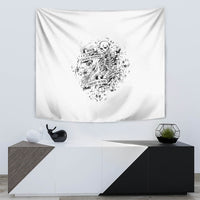 White wall tapestry featuring black rock-paper-scissors skeleton skull graphic.