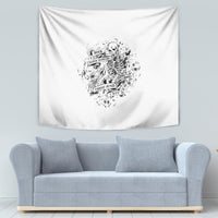White wall tapestry with black rock-paper-scissors skeleton skull and ribbon design.
