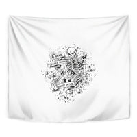 Black and white tapestry close-up showing skeleton skull rock-paper-scissors badge.