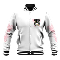 Unisex light baseball jacket with button front, striped collar, and chest graphic