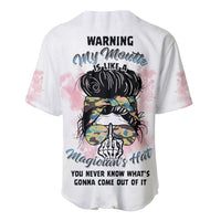 White baseball jersey with colorful graphic and “Warning” text on front
