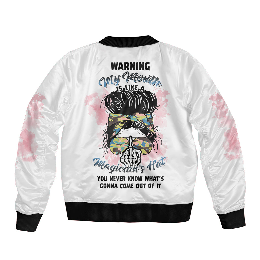 White bomber jacket with colorful back graphic and ribbed collar, cuffs, hem