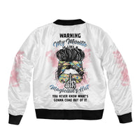 White bomber jacket with colorful back graphic and ribbed collar, cuffs, hem