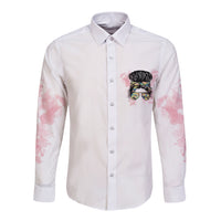 White long-sleeve button shirt with small chest graphic and pink camo sleeve panels
