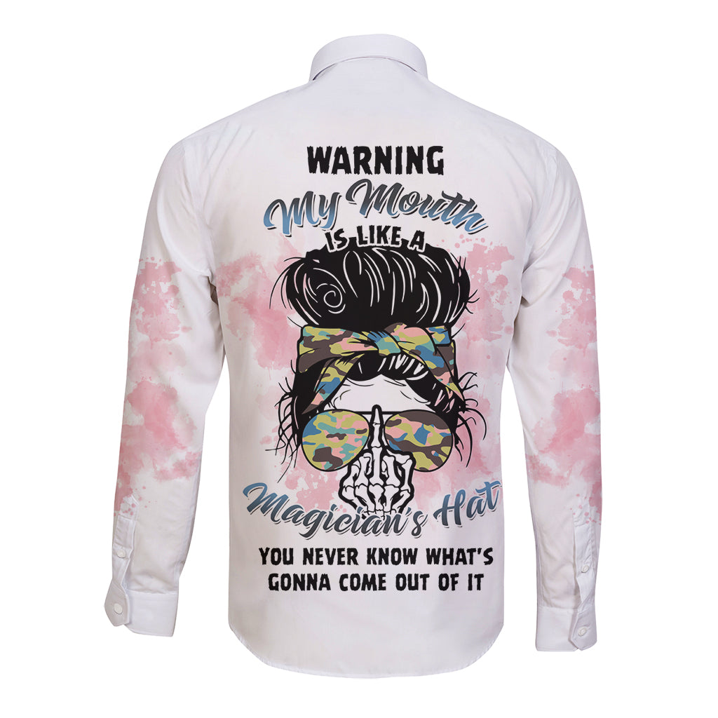 White long-sleeve button shirt with colorful back graphic and pink camo sleeves