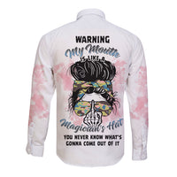 White long-sleeve button shirt with colorful back graphic and pink camo sleeves