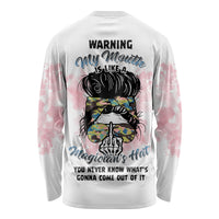 White long-sleeve graphic shirt with back text and messy-bun warning hat design