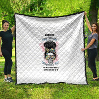 White quilt with diamond stitching and colorful "Warning My Mouth" girl graphic