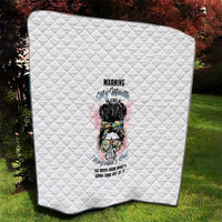 White quilt with diamond stitching and "Warning My Mouth" face graphic