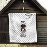 White quilt with diamond stitching and "Warning My Mouth" print