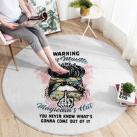 Round gray area rug with colorful hat and skull graphic and warning text