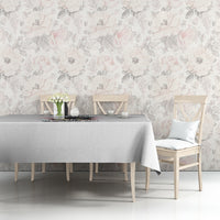 Light gray tablecloth on dining table with centered warning graphic panel