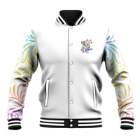 White baseball jacket with multicolor graphic on chest, snap front, ribbed striped hem